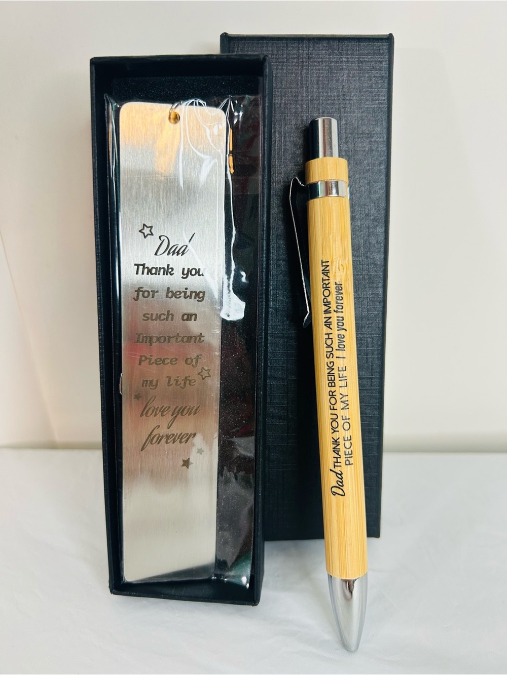 Printed Bamboo Pen & Metal Bookmark Gift Set for Dad- Natural Wood & Silver
